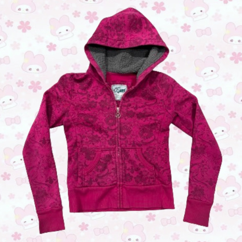 CROPPED HOT PINK FLORAL ZIP-UP Y2K COQUETTE GIRL STYLE